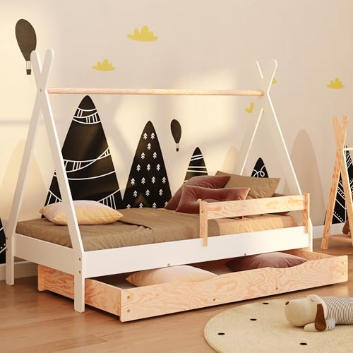smartwood Cama Casita 70x140 cm con Cajón, de Madera, Blanco, Tipi D | Cama Montessori, barrera de seguridad, almacenaje, somier de láminas 230 kg, madera FSC, bordes redondeados, montaje fácil