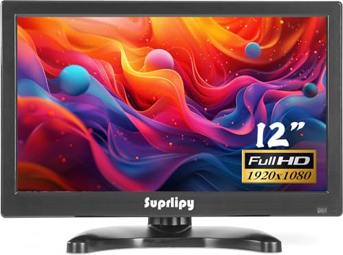 Suprlipy 12 Zoll FHD Small IPS Monitor LCD Display 1920x1080 60Hz 16:19 mit BNC VGA AV Eingang Eingebauter Lautsprecher für CCTV Überwachungskamera DVR PC STB Spielekonsole