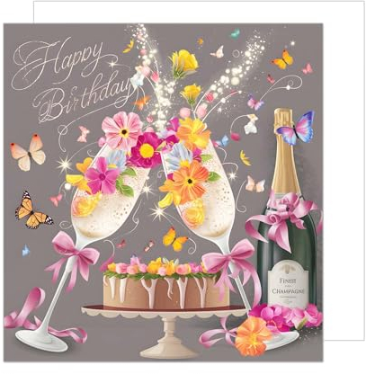 Edition Seidel Tarjeta de cumpleaños cuadrada premium con sobre, tarjeta de felicitación Happy Birthday Billet, tarjeta para mujer, novia, copas de champán, mariposas GQ287 SW024