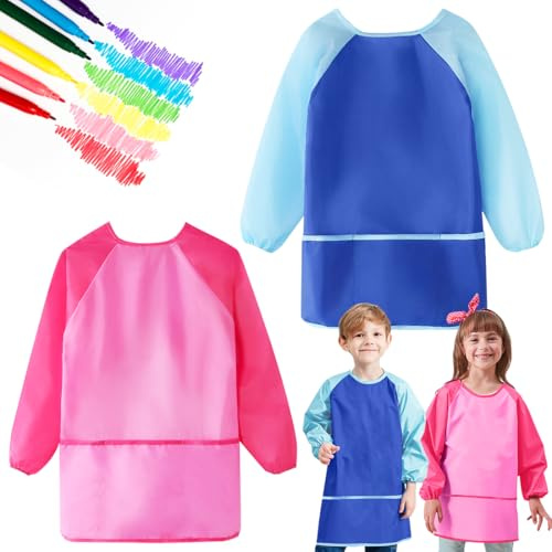 2 Stück Malschürze Kinder, Wasserdicht Malkittel, Schürze Kinder Malen, Tuschkittel mit Ärmeln, Einstellbar Bastelschürze für Schule Kunst Malerei, Kochen für Junge und Mädchen, 1×Blau + 1×Rosa