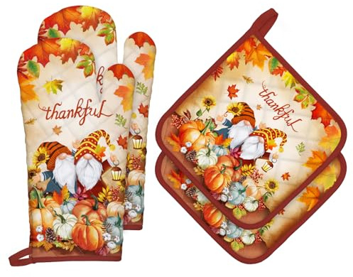 Arquiel Herbst Wichtel Ofenhandschuh und Topflappen 4er-Set Baumwolle | Baumwoll-Küchenset mit Herbst Wichtel-Motiv, hitzebeständig und praktisch zum Kochen, Backen und Grillen.
