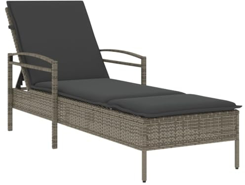 vidaXL Sonnenliege mit Auflage, Gartenliege mit Stahlrahmen, Liegestuhl für Außenbereich, Relaxliege Gartenmöbel, Modern, Grau Poly Rattan