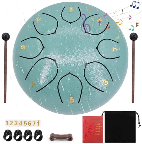 Audasi Steel Tongue Drum 6 Pulgadas 8 Notas Lluvia Drum Para Jardín Exterior Handpan Drum Instrumento Rain Music Tambor Para Educación Musical Entretenimiento Meditación Yoga Zen Regalos Azul Musgo