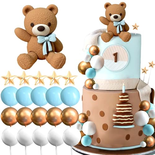 Décorations de gâteau en forme d'ours bleus et dorés - Décoration de gâteau d'anniversaire pour fête prénatale