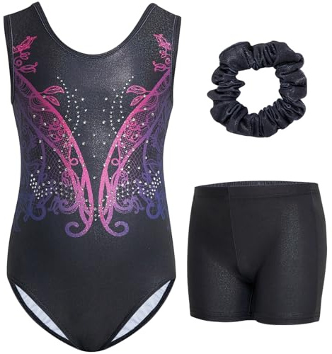 Gogokids Gymnastikdräkter, glittrande dansdräkter med strass, cykeldräkter med shorts, träningskläder för flickor på 3–12 år, B-svart, 6-7 �r