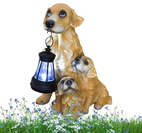 Zibeem Statues de chien d'extérieur, statue de chien avec lanterne solaire, Lumière solaire de statues de chiens de jardin, Décoration de jardin avec lanterne LED rétro, figurine d'animal lumineuse en