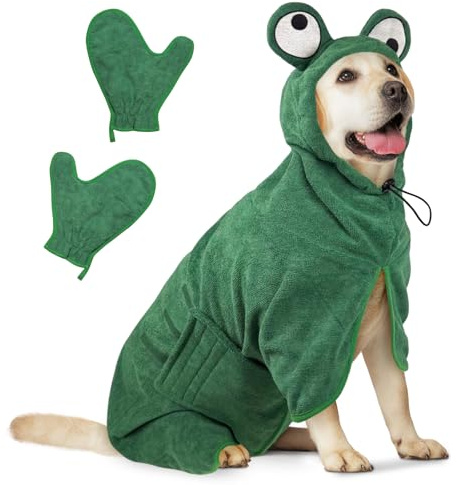 Bibykivn Hundebademantel, Einstellbare Dichtheit Hundebademantel mit Klettverschluss, Schnelltrocknender Hundebademantel, für Große Mittelgroße Kleine Hunde/Katze (Frog-Green, L)