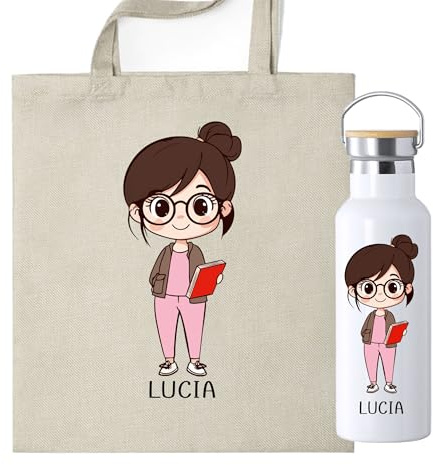 Pack Botella termica + Bolsa personalizada con ilustracion de profesora, regalo para profesores ideal, elige el color de pelo y el nombre.