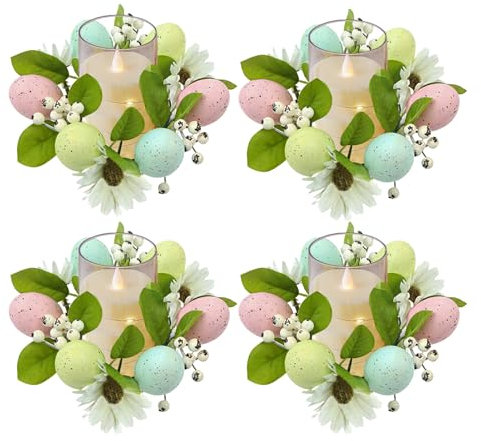 Osterdeko Kerzenringe, 4 Stück Osterkranz Tischdekoration Künstliche Grün Kranz Mit Easter Eggs, Frühlingskranz Kerzenring Osterkranz Innendurchmesser Beträgt Ca. 3,7 Zoll Für Osterdeko (B,4stk)