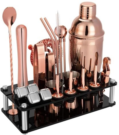Kit de coctelera Juego de coctelera de oro rosa de 24 piezas, Kit de barman mixología con soporte, juego de herramientas de barra para mezclar bebidas, Kit de coctelería en casa Juego de coctelera