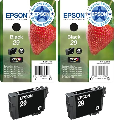 Epson 29 Fraise Noir, Cartouche d'encre d'origine, XP-235 XP-243 XP-245 XP-247 XP-255 XP-257 XP-332 XP-335 XP-342 XP-345 XP-352 XP-355 XP-432 XP-435 XP-442 XP-445 XP-452 XP-455 (Lot de 2)