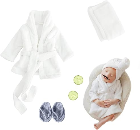 Xanewza Pack of 6 Newborn Photography Props, Baby Photo Shoot Costumes, Bathrobes, Bath Towel Outfit with Slippers, Cucumber Photo Props for Toddlers, Boys, Girls, White, Neugeborenen