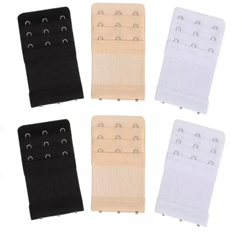 3 ganci 3 file di estensione del reggiseno elasticizzato – 6 pezzi (nero/bianco/pelle 2 pezzi), 4,5 x 9,5 cm, 1,3 cm di distanza tra i ganci, perfetti per gravidanza, reggiseni sportivi e magliette di