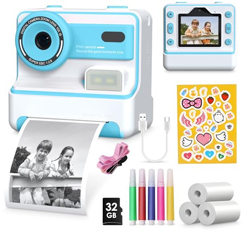 KIDBLOOM® Appareil Photo Instantané Enfant - Appareil Photo Numérique Enfants - Jouet Créatif avec Rouleau Papier Inclus & Carte 32GB - Top Idée Cadeau Anniversaire pour Fille & Garcon 3-12 Ans