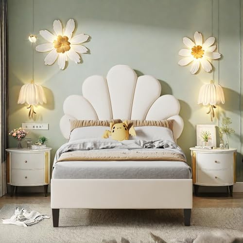 NLDGR Polsterbett Kinderbett 90x200 cm, Mädchen Bett, Einzelbett 90x200 mit Lattenrost, Bettgestell mit Kopfteil in Blumenform, Jugendbett Gästebett aus Samtstoff, für Erwachsenen