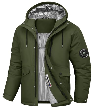 TOMEEK Winterjacke Herren Wasserdicht Skijacke Winddicht Warm Wintermantel Snowboardjacke Skianzüge Temperaturmessung Möglich mit Kapuze und Kompass(Militärgrün,L)