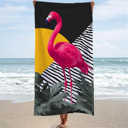 Beach Towel Pink Microfibre Towel, Flamingo Beach Towels for Adults 70x140 cm Bath Towels, Quick Dry Sand Free for Dock and Bay Blanket Large Swim Pool Gym Sports Shawl with Portable Pouch W-2687