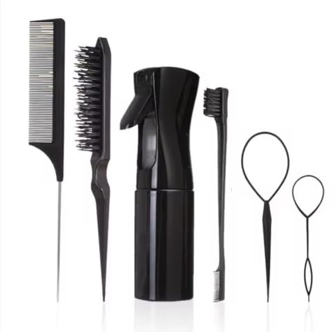 6 Pieces Hair Styling Tools Set with 200ml Hair Spray Bottle Hair Tail Tools Edge Control Brush & Combs for Hair Styling for Woman Girls (6Pcs) (BLack)