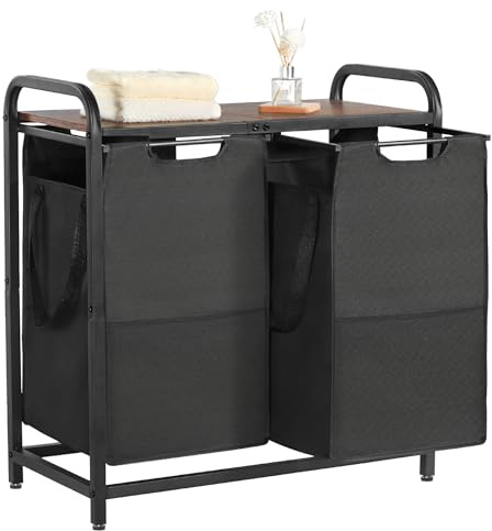 VEVOR Panier à Linge 2 Compartiments, Trieur de Linge avec Sacs Coulissants en Tissu Oxford 600D, Cadre en Métal et Plateau en Bois, pour Vêtements Sales, Buanderie Blanchisserie Chambre Salle de Bain
