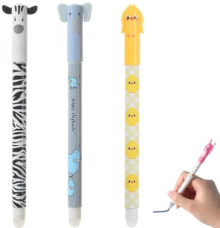 Canollo 3 Stück Radierbarer Kugelschreiber, Cartoon Kleintiere Muster Radierbare Stifte, Radiergummi mit löschbarer Tinte, 0,5 mm Mine, Radiergummi Stift, Aesthetic Tintenroller radierbar(Blau)