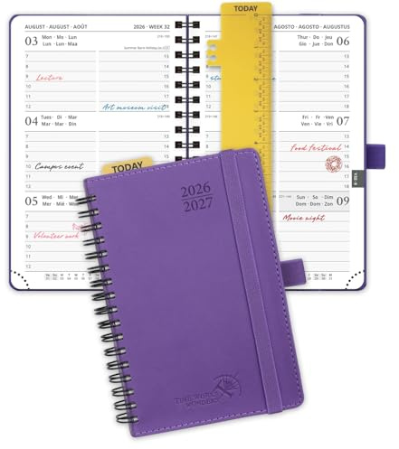 POPRUN Agenda 2026 2027 Semana Vista, Espiral, A6 Pequeña 16 x 10,5 cm | Tapa Blanda, 17 Meses, Ago.2026 a Dic.2027, 1 Semana 2 Páginas, Banda Elástica, Papel 80 GSM, escolar, Violet