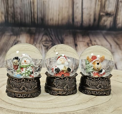 3 süße Mini-Schneekugeln Kupfer antik | Weihnachtsmann, Schneemann, Weihnachtselch | Weihnachten & Wichtelzauber | Breite 45mm Höhe 65mm | 20310abc