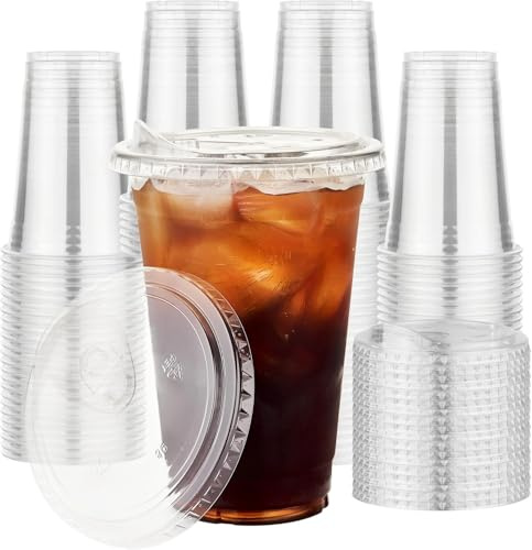 KAHEIGN 50Pcs Clear Plastic Cups with Lids, 480ml Plastic Coffee Tumbler Reusable Drink Cup Elegant Party Beverage Glasses for Iced Coffee Smoothie Milkshake Cold Drinks Party Catering