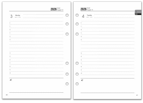 Refill Agenda 2026 2027 A5 format, 6 hål - en sida per dag 8-20 timmar, flikar Månadsvis, anteckningar och kontakter, refill daglig planerare organisatör (augusti 2026 till juli 2027)