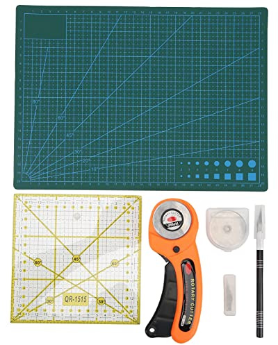 Juego de cortadores de tela de 15 piezas, kit de placa de corte de tela con alfombrilla, cuchillas de repuesto para coser, acolchar, manualidades, proyectos de bricolaje,