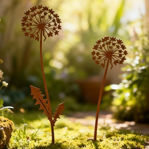 Scinzene 2er Set Gartenstecker Rost Pusteblume 28cm - Gartendeko Für Draußen Wetterfest Metall - Blumenstecker Edelrost Löwenzahn - Balkon Deko Wetterfest, Gartendeko Rost