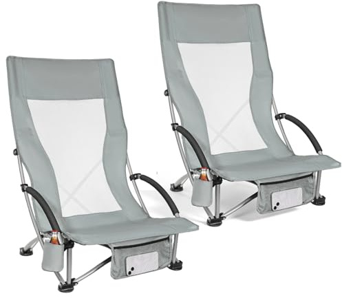 WildFun 2PCS Folding Beach Chair, Low Lightweight Portable Camping & Fishing Chair with High Backrest, Cupholder, Supports 100KG for Travel, Outdoor, BBQ, Picnic, Festival (2PCS, Light gray)