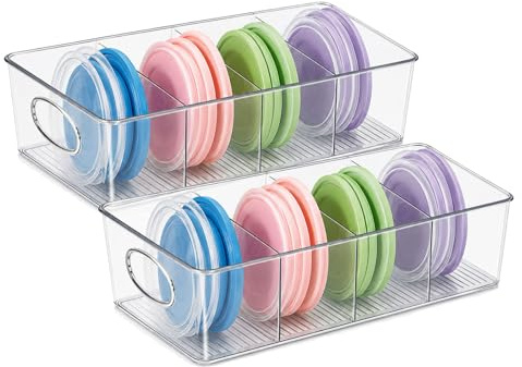 Raoletin 2 Pack Lid & Plate Organiser for Cupboard, Clear Plastic Pan Lid Holder with 6 Removable Dividers, Drawer Pan Organiser for Lids, Baking Trays, Boards and Kitchen Accessories