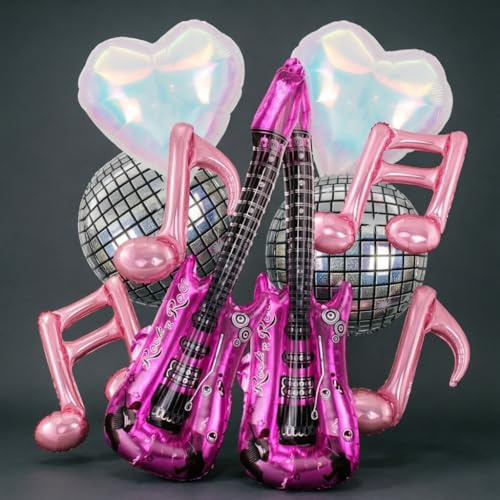 Music Theme Balloons Set - 10PCS Guitar, Disco Ball & Note Shaped Foil Balloons for Adult Party Decorations, Helium & Air Fillable with Easy Seal Valves