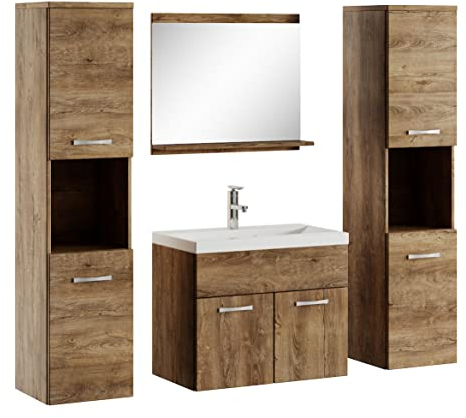 Badplaats B.V. Badezimmer Badmöbel Set Montreal XL 60cm Waschbecken Braun Eiche - Unterschrank Hochschrank Waschtisch Möbel