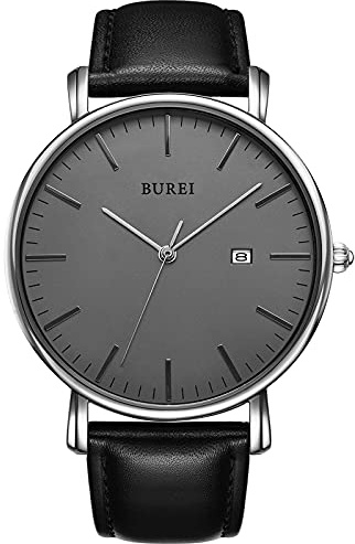 BUREI Minimalistisk klocka för män, elegant herrklocka med datum och klassisk, enkel, stor urtavla, läderrem, Mörkgrått