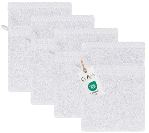 Class Home Collection Frottee Waschhandschuhe 16x21 cm – 4er Set Waschhandschuh – Besonders weiche & saugfähige Waschlappen aus 100% Baumwolle mit Aufhänger – Weiß