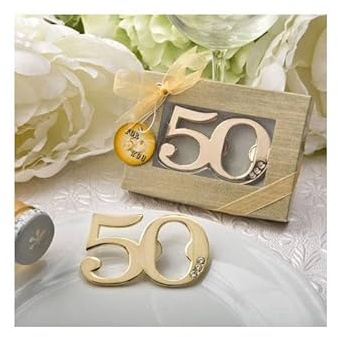 DISOK Lote 20 Abrebotellas de 50 Aniversario en Caja de Regalo. Detalles para Bodas de Oro. Regalos Bodas 50 Aniversario.