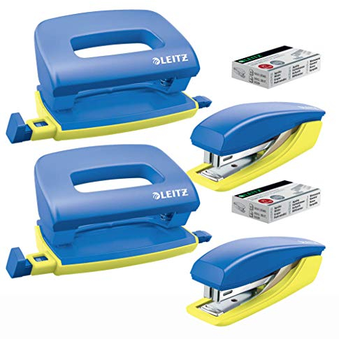 Leitz Urban Chic 55996032 Mini-Tacker und Locher Set, hält bis zu 10 Blatt, inklusive Heftklammern, blau, 55996032 (Doppelpack)