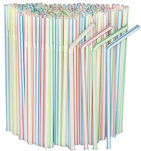 [500 Pack] Striped Flexible Plastic Drinking Straws Disposable Straw 8'' inches Tall Assorted Colors