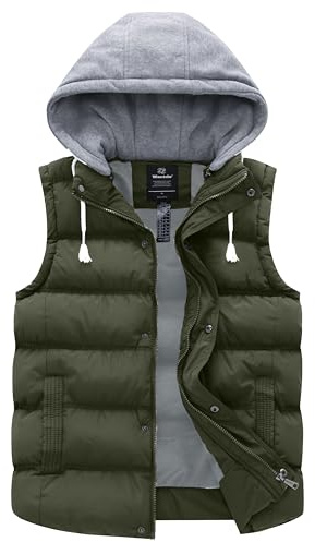 Wantdo Chaleco de Algodón Invierno Portátil Chalecos de Pluma Antiviento Chalecos Cálido para Exteriores Abrigo sin Manga Cremallera Hombres Verde Militar L