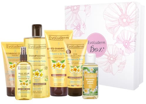 EVOLUDERM - Coffret Cadeau Bain Femme - Soins Corps & Cheveux Monoï de Tahiti - 6 Produits - Végan - Idée Cadeau - Coffret Cadeau de Noël – Anniversaire - Fête des Mères (Flower)