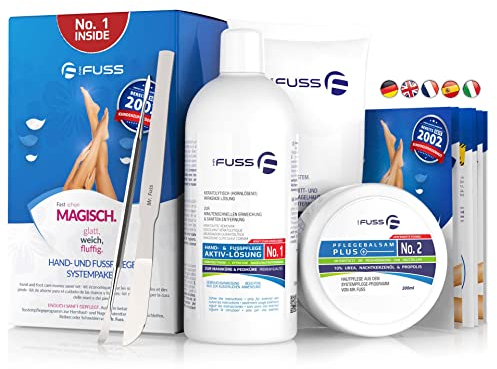 Mr. Fuss® No. 1 - Advanced Pack Complete - Groß, Nagelhaut- Hornhautentferner Sparpaket 5 tlg. Aktiv-Lösung Schnell & Stark erweichend - 500 ml, Balsam No. 2-200 ml, Watte, Besteck-Set