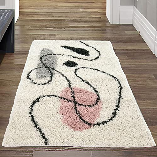 Teppich-Traum Hochflor Bettvorleger Designerteppich mit abstrakt-modernen Formen | allergikerfreundlich | in schwarz rosa, Größe 60x110 cm