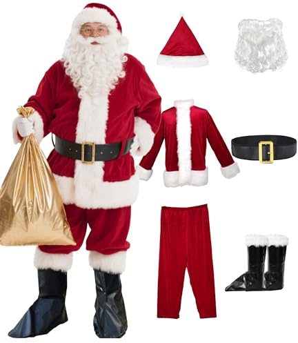 AMHSCOCA Santa Claus Costume for Men 9Pcs Santa Costume, Santa Suit Adults Men Professional Christmas Adult Santa Outfit