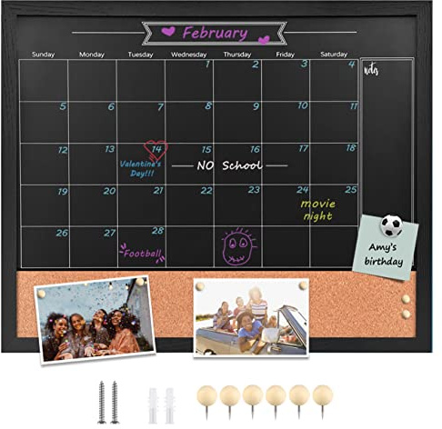 TORASO Magnetic Chalkboard Calendar Corkboard, 18 x 22 Combination Chalk Board Bulletin Board, Black Wood Framed Blackboard Calendar Cork Combo Board(ZHHB-BK-4555)