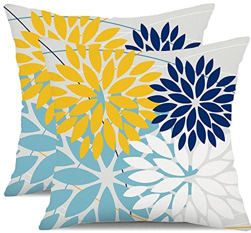 DFXSZ Outdoor-Kissenbezüge, 50,8 x 50,8 cm, 2er-Set, wasserdicht, Frühling, Sommer, geometrisch, elegant, gelb, blau, Dahlie, Outdoor-Kissenbezüge für Terrasse, Funiture, Garten, Couch