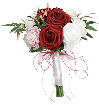 Bouquet da Sposa con Fiori Artificiali per La Sposa, Bouquet da Lancio, Che Tengono a Mano Bouquet da Damigella d'Onore da Sposa con Ros, Rosso Bianco