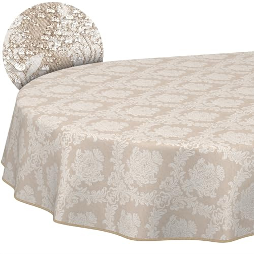 ANRO Tischdecke abwaschbar Damast Barock Beige mit Saum oval 220x140 cm | mit Saum eingefasst – ideal für Garten, Terrasse & Esszimmer – Gartentischdecke wetterfest – waschbar bei 30 °C