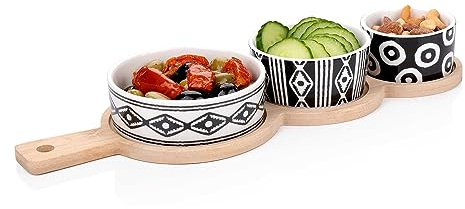 Bubble Store Tapas-Set, 4 Teile, 3 Keramik-Schalen schwarz-weiß gemustert + Bambus-Tablett