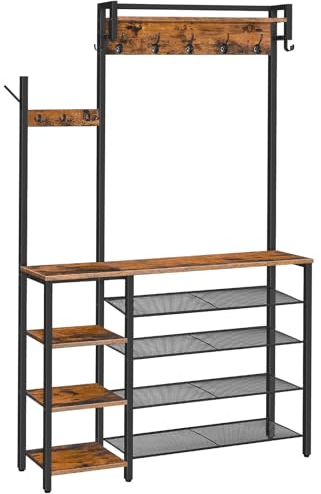 HOOBRO Garderobenständer mit Schuhablage, Schuhregal mit Garderobe, Kleiderständer mit 5 Ebenen Schuhablage, Garderobe mit 4-lagigem Seitenregal, für Foyer, Flur, Vintagebraun und Schwarz EBF105MT01